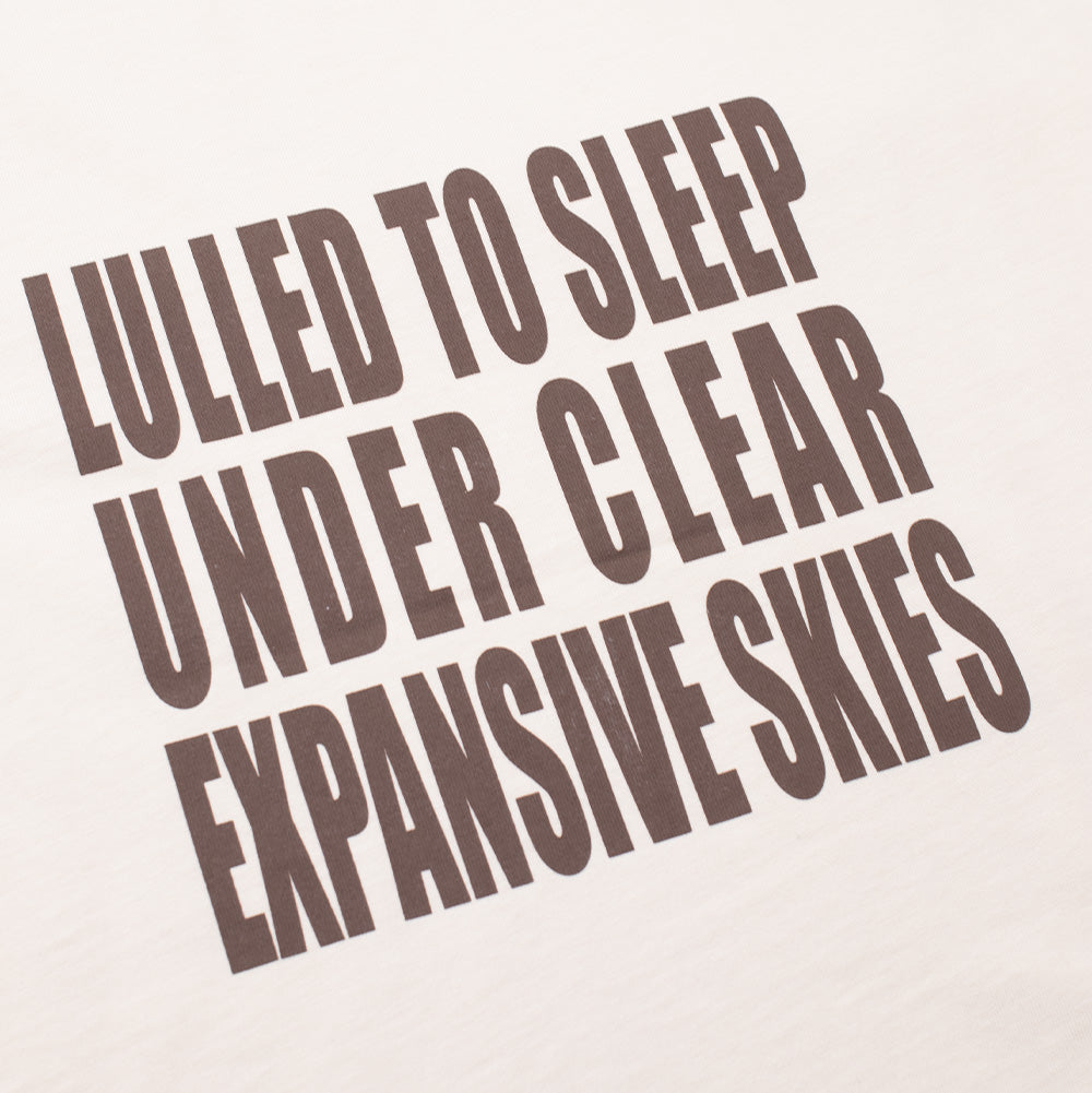 Detailed angled close-up of the back graphic on the Token Expansive Skies T-Shirt, displaying the crisp dark brown screen-printed block text reading "LULLED TO SLEEP UNDER CLEAR EXPANSIVE SKIES" against the soft off-white cotton jersey weave.