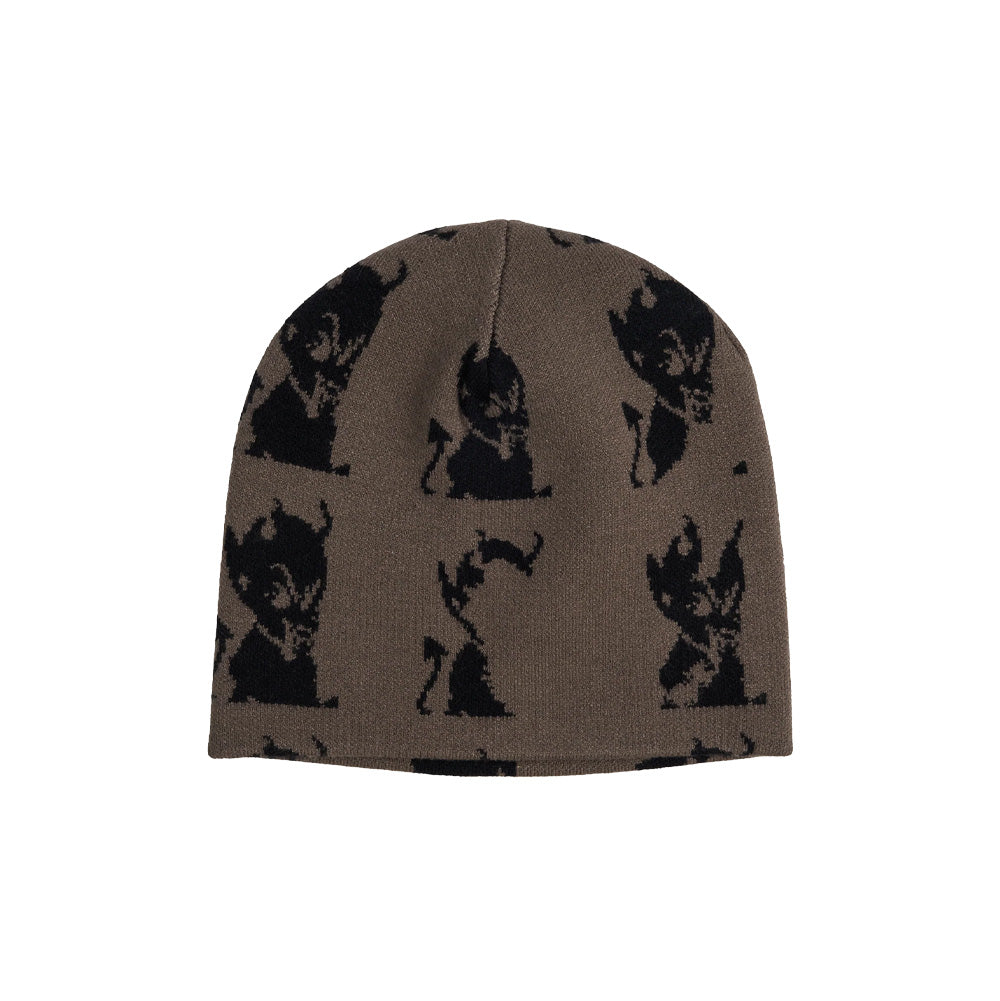 Front studio flat lay view of the Token Layback Beanie in trench olive-brown, showcasing a cuffless rounded skull cap silhouette crafted from fine-gauge knit fabric, featuring an all-over repeating black jacquard knit graphic of the seated baby devil mascot with curved horns and a pointed devil tail.