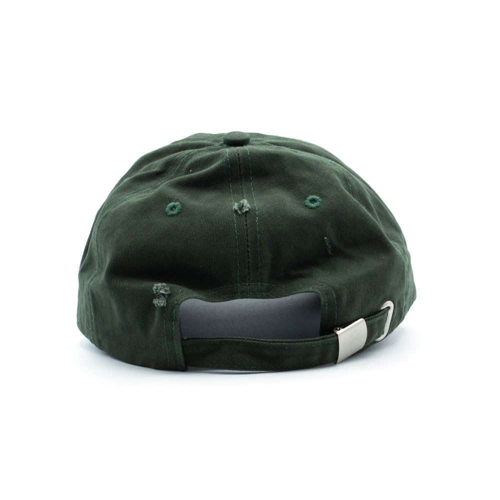 Back studio perspective of the Token Lowkey Cap in midnight green, highlighting the washed and faded cotton twill crown with stitched ventilation eyelets, natural abrasions, an arched ponytail cutout, and an adjustable matching fabric strap secured by a matte silver metal slider buckle.