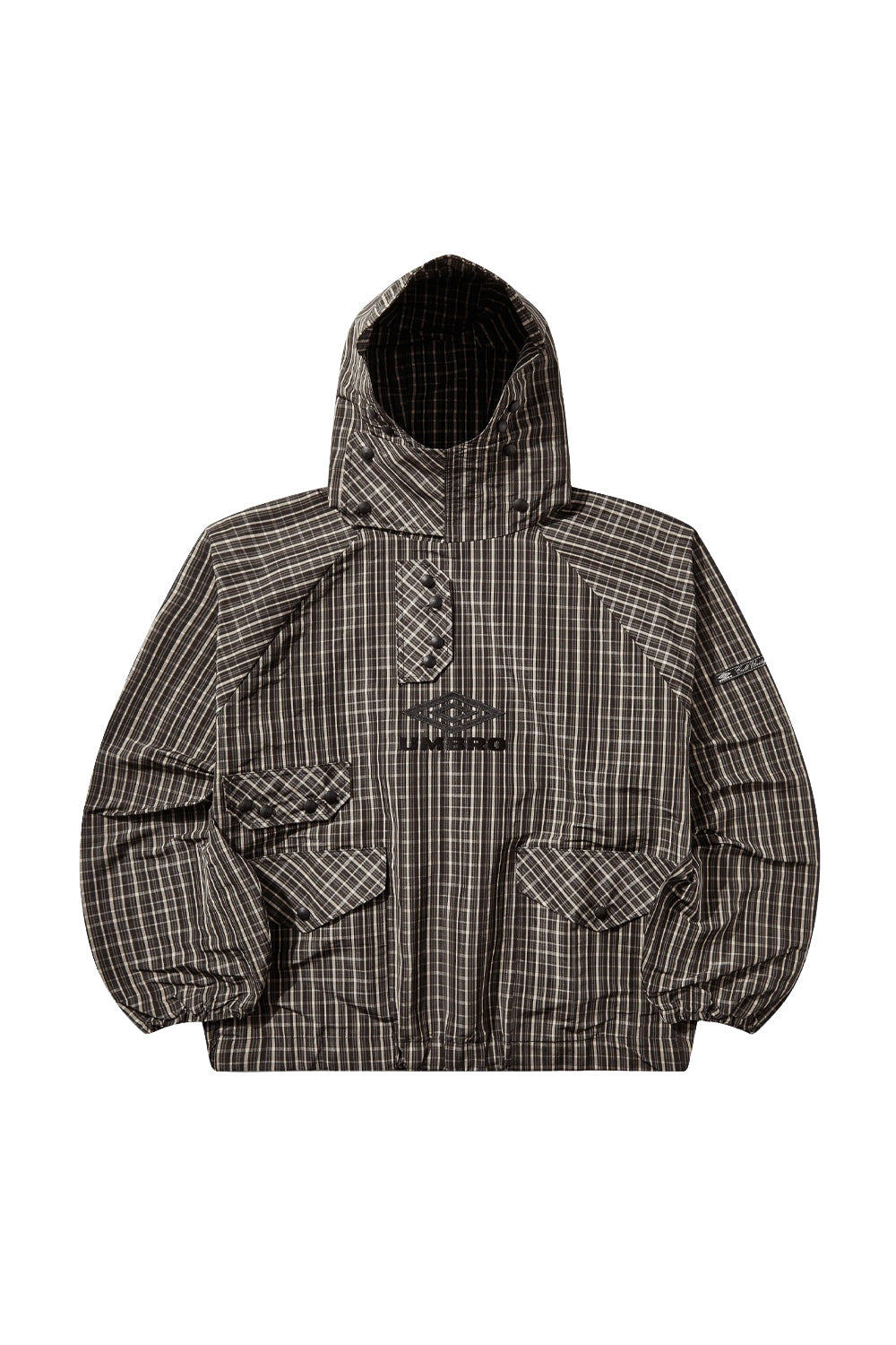 Umbro Check Smock Anorak Beige Dark Brown full front view, hooded pullover jacket with check pattern, embroidered Umbro logo, loose boxy fit streetwear anorak