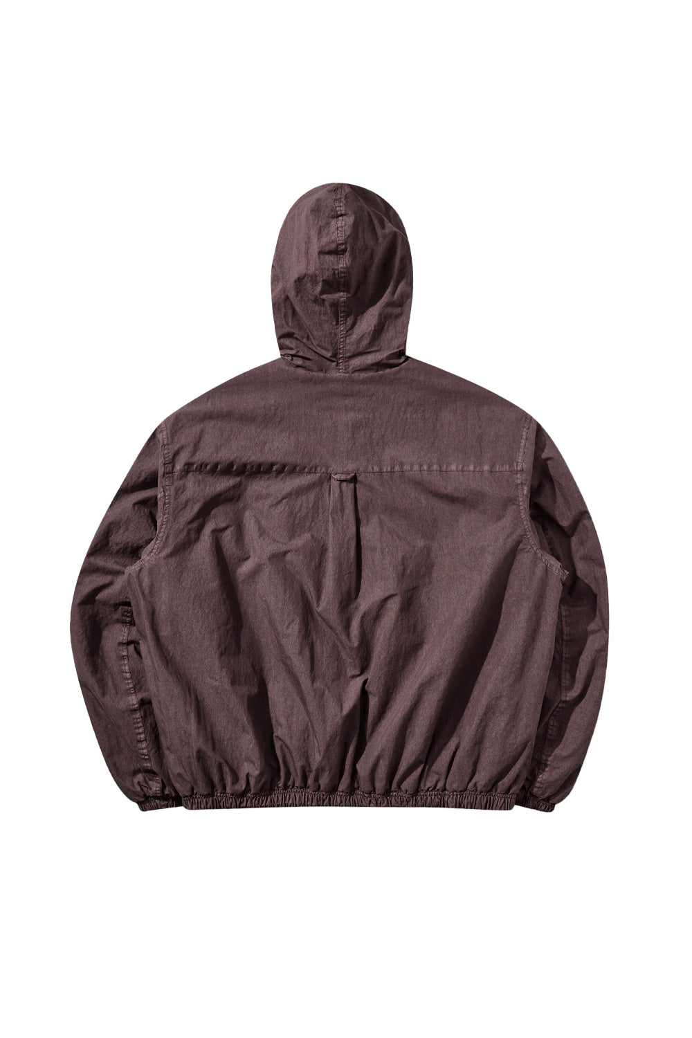 Back flat lay view of the plum grey Umbro Sunday Masked Jacket, displaying the horizontal back shoulder yoke with a central pleat loop detail, relaxed dropped shoulders, gathered elastic waistband, and contoured hood cut