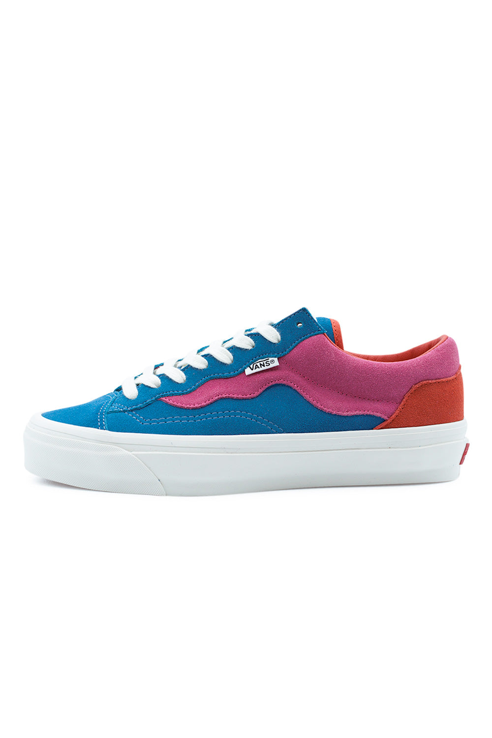 Vans OTW x Parra Old Skool 36 skate shoe in Midnight and Carmine, featuring multicolor suede upper, Parra wavy colorblocking, classic Vans side stripe and vulcanized sole