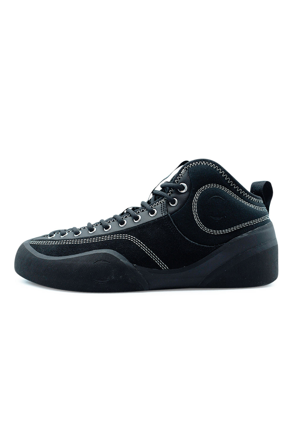 Village PM 1PM Mid Black Natural Black technical mid-top skateboard shoe side profile with premium suede upper, Rubber Glove Technology rubber wrap and precision skate performance design
