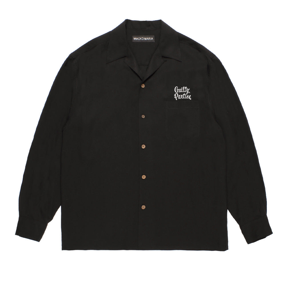 Front flat lay studio view of the charcoal black Wacko Maria 50's Shirt Type 5, displaying an open retro camp collar, center button placket with brown marbled coconut-style buttons, single open chest pocket on the left, long sleeves with adjustable cuffs, and white embroidered "Guilty Parties" cursive script above the pocket.