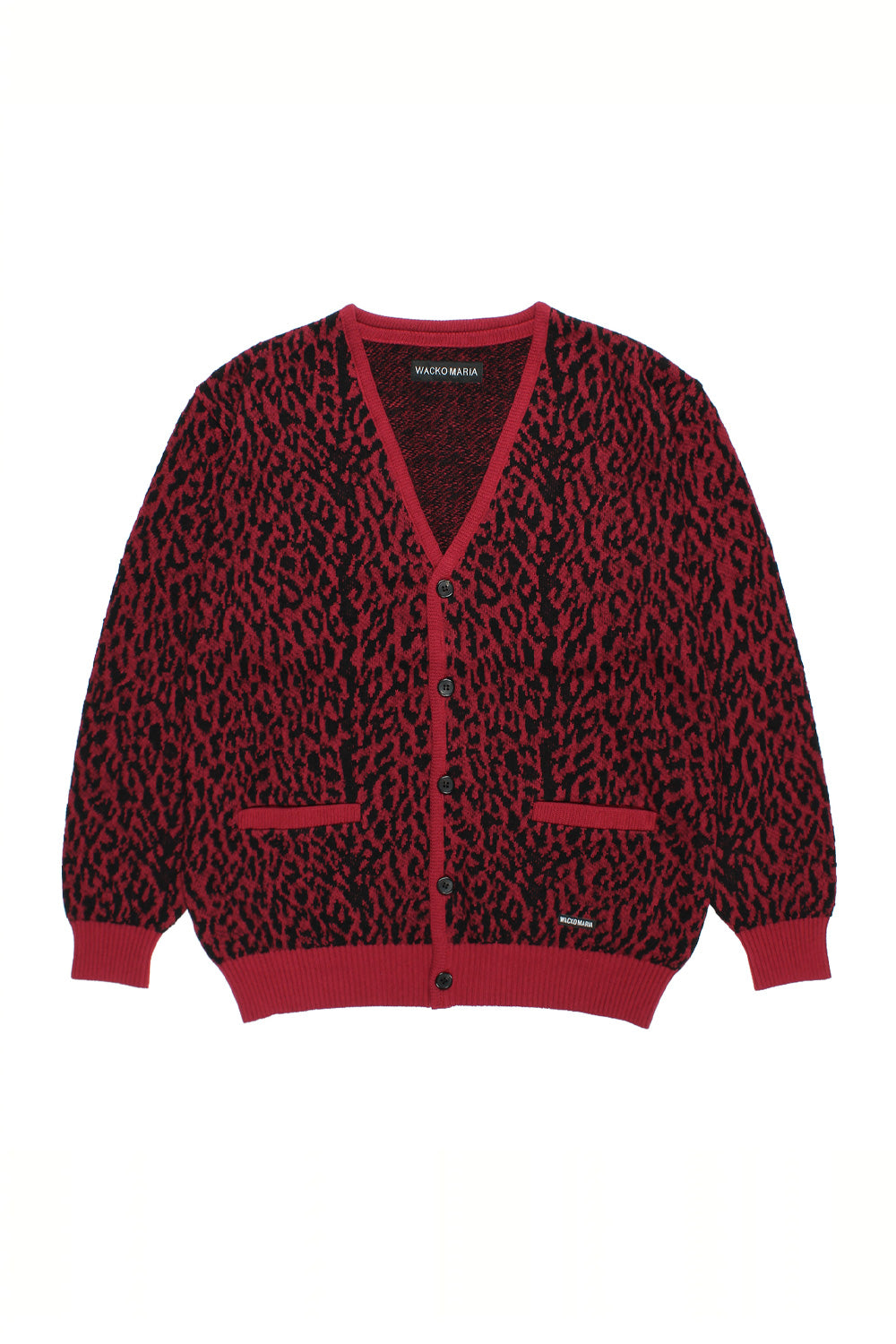 Wacko Maria leopard jacquard cardigan red full view, premium Japanese knit cardigan with all over animal print, relaxed fit luxury streetwear piece made in Japan