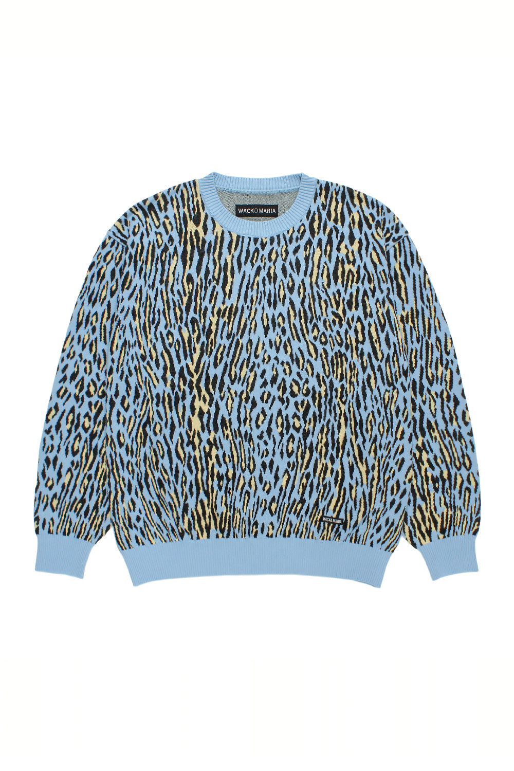 Wacko Maria Leopard Jacquard Sweater Type-2 Light Blue wide fit knit sweater with all-over leopard pattern, premium cotton crewneck, ribbed cuffs and hem, Japanese streetwear made in Japan