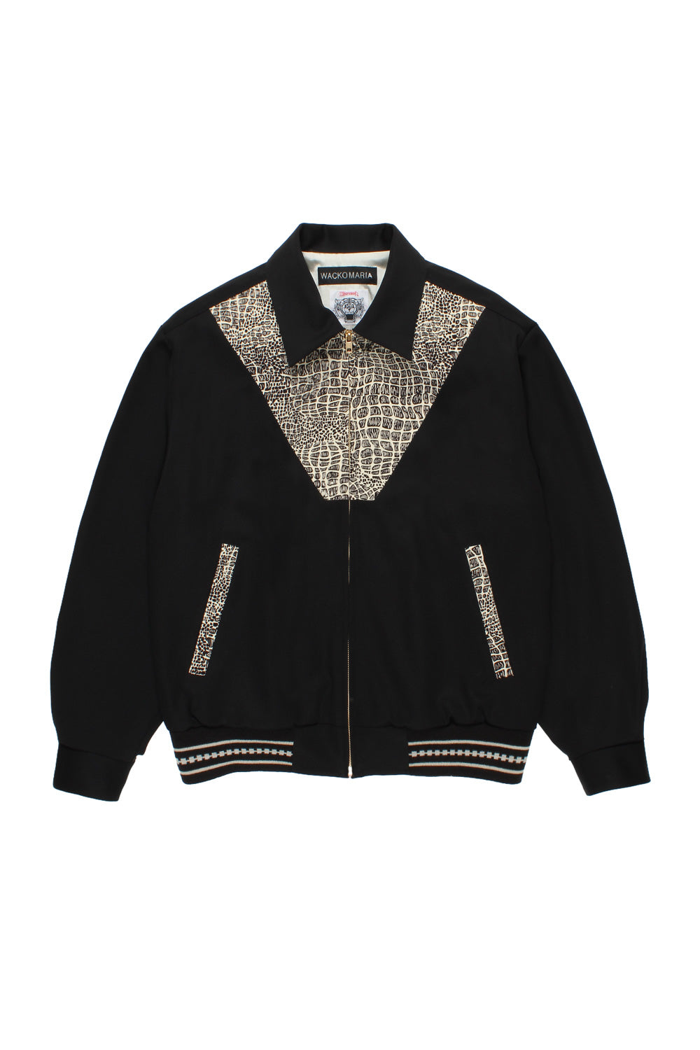 Wacko Maria x Wolf’s Head 50s jacket black front view featuring cropped wide fit silhouette, premium rayon blend fabric, Japanese designer collaboration with vintage rockabilly inspired pattern details